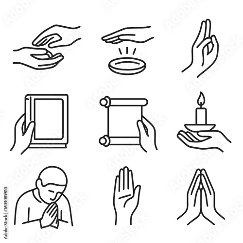 Ceremonial Hand Gestures. Line style icons of ceremonial hands: ring exchange hand, hand blessing over object, ritual offering