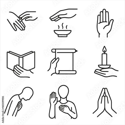 Ceremonial Hand Gestures. Line style icons of ceremonial hands: ring exchange hand, hand blessing over object, ritual offering