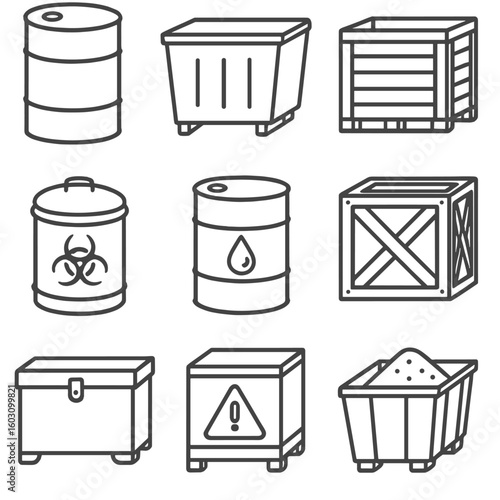 Industrial Container Icons. Line style icons of industrial storage containers: oil drum, steel bin, pallet box, hazardous waste