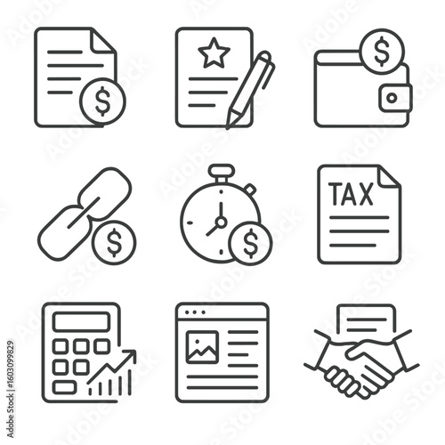 Freelance Finance Icons. Line style icons of freelance and self-employed finance: invoice generation, gig contract, digital wallet