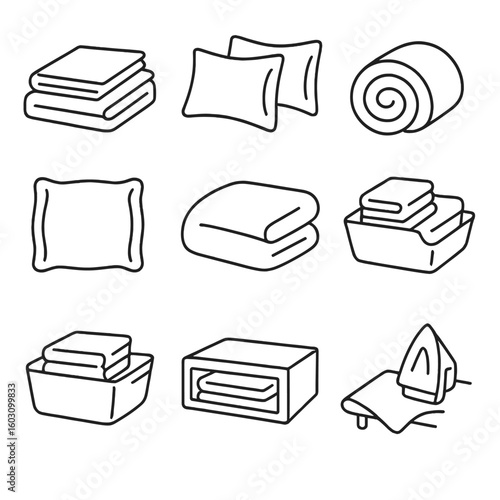 Linen Collection Icons. Line style icons of linen and bedding: folded sheet set, pillowcases pile, blanket roll, fitted sheet icon