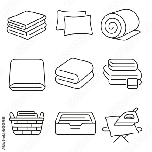 Linen Collection Icons. Line style icons of linen and bedding: folded sheet set, pillowcases pile, blanket roll, fitted sheet icon