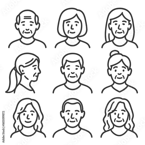 Aging Hairstyles Icons. Line style icons of aging and hair length: thinning short hair, mature bob cut, silver mid-length, long