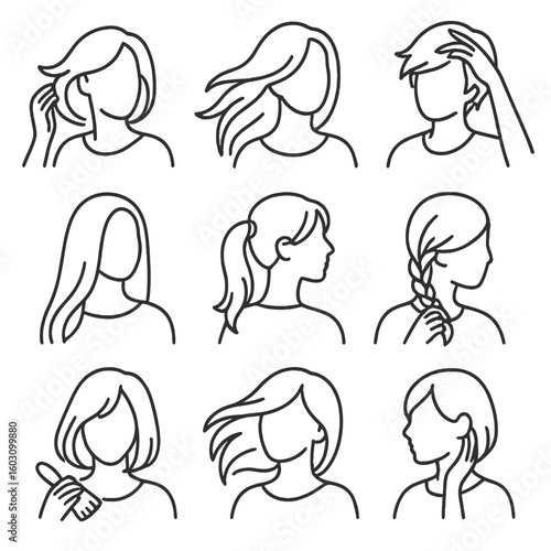 Expressive Hair Icons. Line style icons of expressive styling by length: hair flip medium, long hair wind effect, short tousle