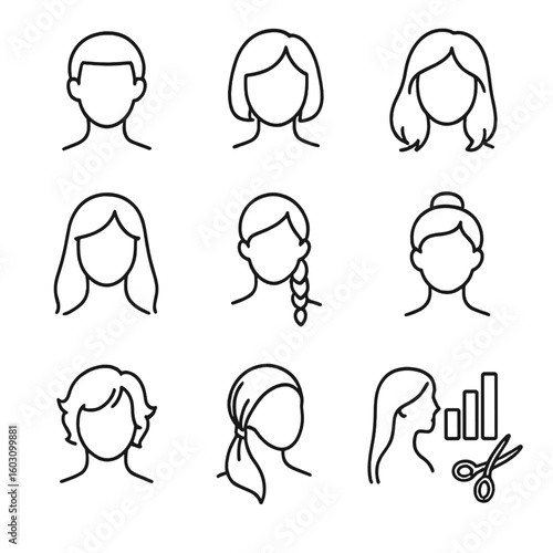Seasonal Hair Icons. Line style icons of hair by weather adaptation: summer short cut, spring bob, autumn mid-length, winter long