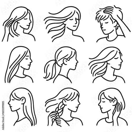 Expressive Hair Icons. Line style icons of expressive styling by length: hair flip medium, long hair wind effect, short tousle
