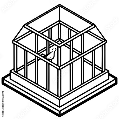 A lone bird perched inside a geometric cage with a distinctive silhouette style