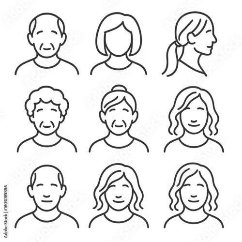 Aging Hairstyles Icons. Line style icons of aging and hair length: thinning short hair, mature bob cut, silver mid-length, long