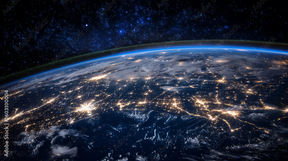 Obraz premium Vivid nighttime satellite perspective of North America, illuminated urban areas visible through wispy clouds, expansive star field surrounding the dark space, with bright sun rays