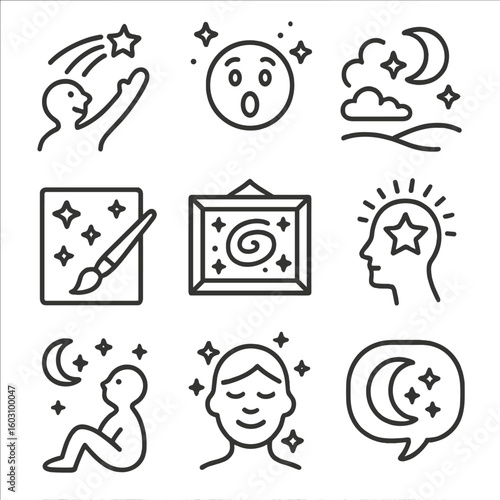Cosmic Line Icons. Line style icons of cosmic inspiration: wish upon star, awe face icon, peaceful sky moment, artistic sketch
