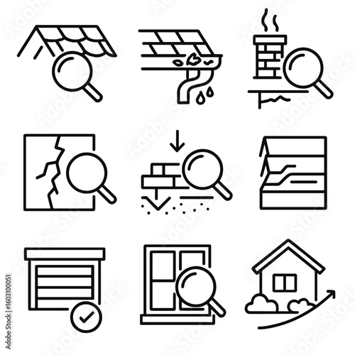 Exterior Inspection Icons. Line style icons of exterior inspection points: roof shingle condition, gutter blockage icon, chimney