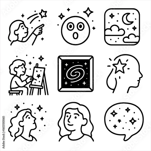 Cosmic Line Icons. Line style icons of cosmic inspiration: wish upon star, awe face icon, peaceful sky moment, artistic sketch