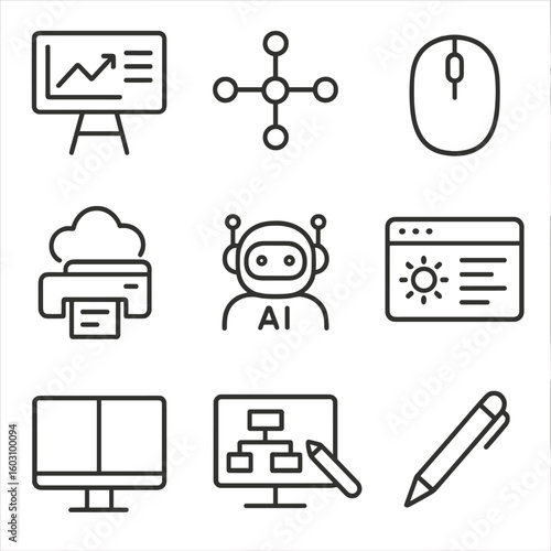 Smart Office Icons. Line style icons of smart office tools: smart whiteboard, task sync hub, wireless mouse, cloud printer, AI