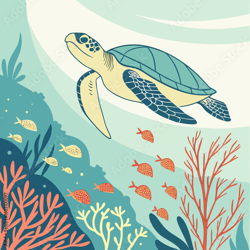 A sea turtle swims gracefully through a vibrant coral reef with small fish silhouette