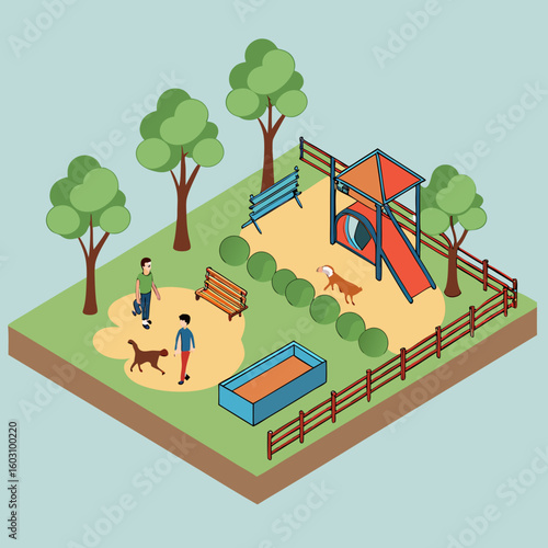 Isometric dog park scene with people playing and playground equipment silhouette