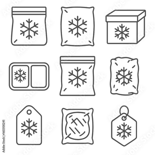 Frozen Food Icons. Line style icons of frozen food packaging: freezer bag, vacuum-sealed pouch, frosty box, frozen meal tray,