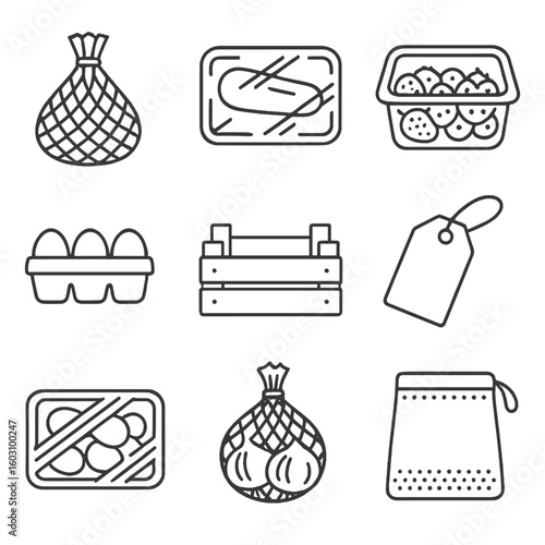 Produce Packaging Icons. Line style icons of produce packaging: mesh fruit bag, plastic vegetable wrap, berry clamshell, egg