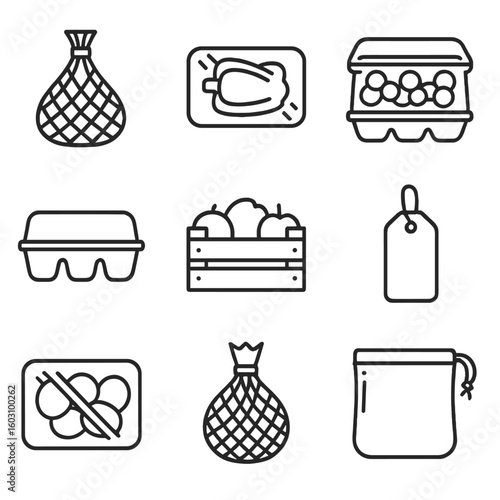 Produce Packaging Icons. Line style icons of produce packaging: mesh fruit bag, plastic vegetable wrap, berry clamshell, egg
