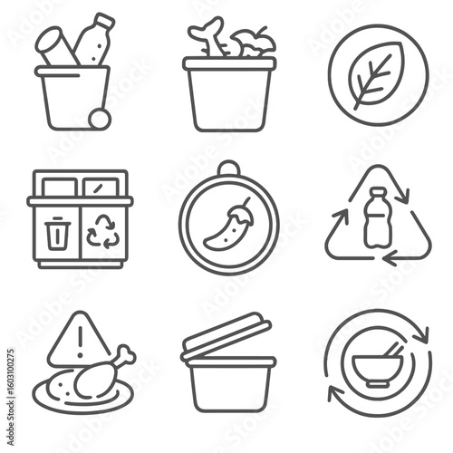 Food Waste Icons. Line style icons of food waste and recycling: empty packaging disposal, leftover food bin, compost label,