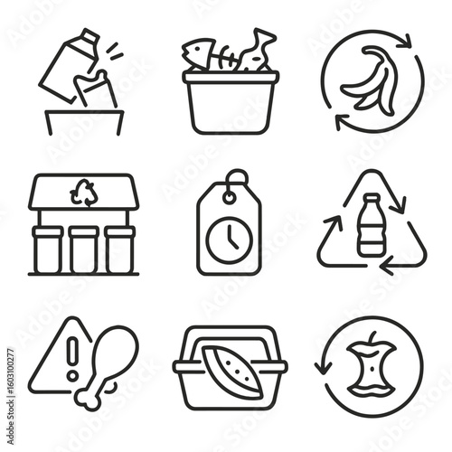 Food Waste Icons. Line style icons of food waste and recycling: empty packaging disposal, leftover food bin, compost label,