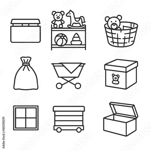 Vintage Toy Storage Icons. Line style icons of vintage toy storage: toy chest, wooden shelf with toys, wicker toy basket, labeled