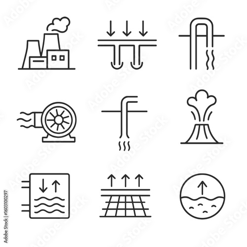 Geothermal Energy Icons. Line style icons of geothermal energy: geothermal plant, underground heat lines, geothermal pipe, steam