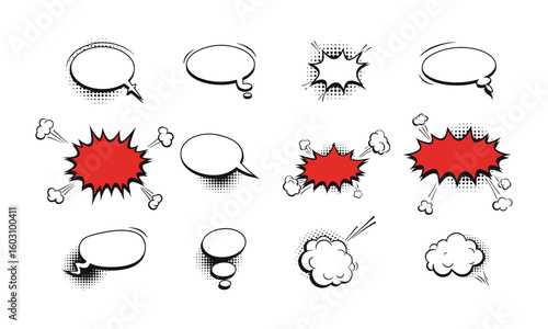 Comic book speech bubbles dynamic and explosion effects for design