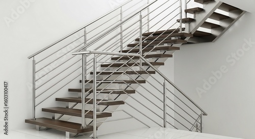 A modern interior staircase with dark wooden treads and sleek stainless steel railings against a white wall.