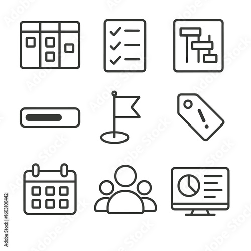 Project Management Icons. Line style icons of Project Management Tools: kanban board, task checklist, gantt chart, progress bar,
