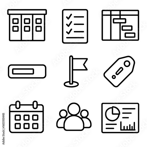 Project Management Icons. Line style icons of Project Management Tools: kanban board, task checklist, gantt chart, progress bar,