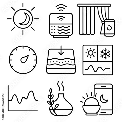 Sleep Environment Icons. Outline style icons of Sleep Environment Control: circadian light, white noise speaker, smart curtain,