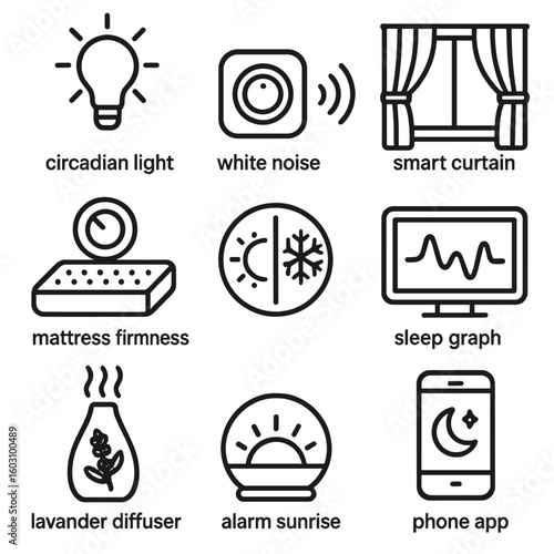 Sleep Environment Icons. Outline style icons of Sleep Environment Control: circadian light, white noise speaker, smart curtain,