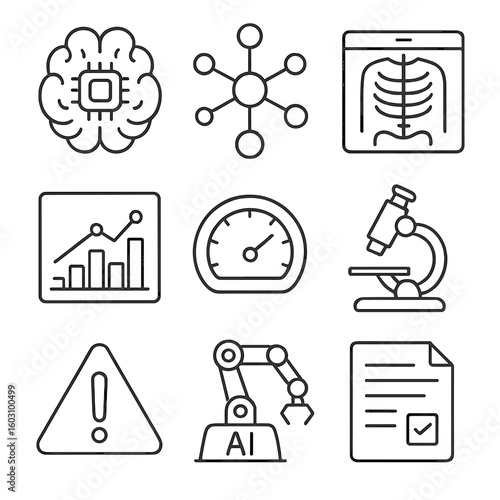 AI Diagnostic Icons. Outline style icons of AI Diagnostic Tools: brain chip, neural network node, X-ray image, analysis chart,