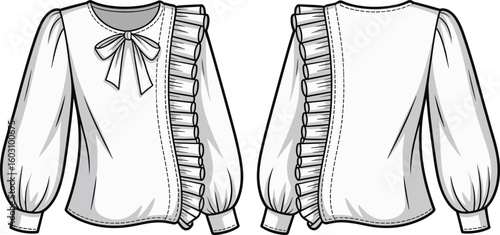 Elegant Women's Ruffled Blouse with Bow Detail, Fashionable Apparel Flat Sketch, Stylish Long Sleeve Top Technical Drawing, Feminine Clothing Template