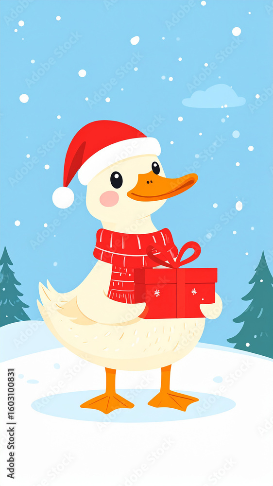 Fototapeta premium Cute Christmas Duck Illustration with Gift, Scarf, and Santa Hat
