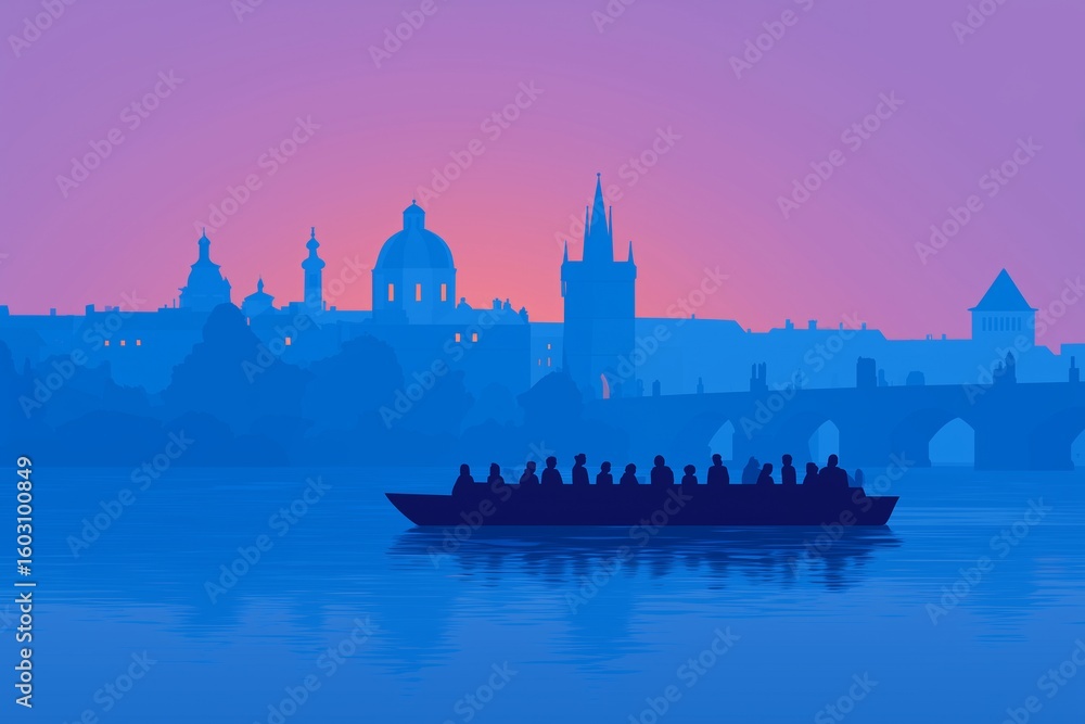 Fototapeta premium Flat Modern Illustration of Group on River Cruise with Historic Silhouettes