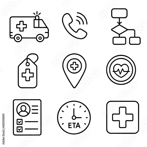 Emergency Teletriage Icons. Outline style icons of Emergency Teletriage: ambulance icon, phone hotline, triage flowchart, red