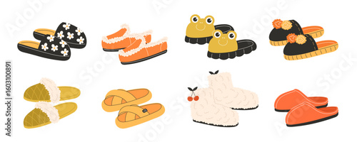 Cute autumn slippers set flat style cozy home footwear collection perfect for seasonal designs thanksgiving fall fashion and children’s illustrations
