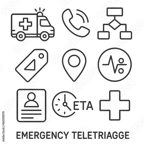 Emergency Teletriage Icons. Outline style icons of Emergency Teletriage: ambulance icon, phone hotline, triage flowchart, red