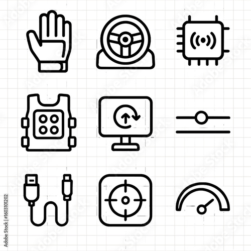 Haptic Feedback Icons. Outline style icons of Haptic Feedback Accessories: tactile glove, force feedback wheel, vibration motor
