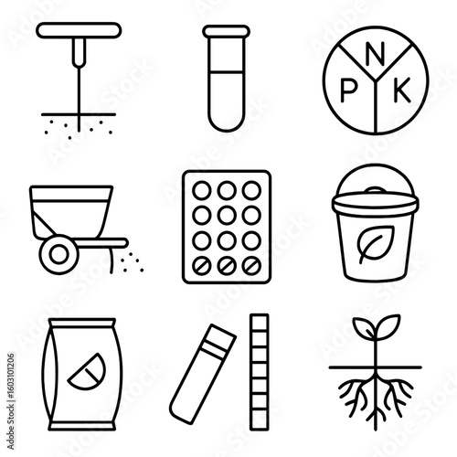 Soil Nutrient Icons. Outline style icons of Soil Nutrient Management: soil sample probe, test vial, nutrient wheel, fertilizer
