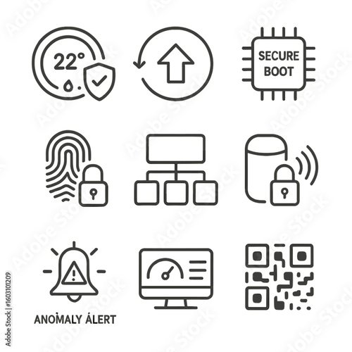 IoT Security Icons. Outline style icons of IoT Device Security: smart thermostat shield, firmware update arrow, secure boot chip,