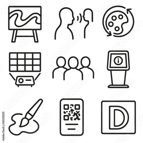 AR Art Installation Icons. Outline style icons of AR Art Installation: digital mural canvas, motion trigger sensor, color morph
