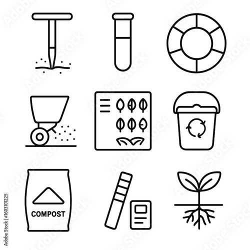 Soil Nutrient Icons. Outline style icons of Soil Nutrient Management: soil sample probe, test vial, nutrient wheel, fertilizer