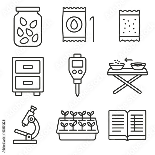 Seed Library Icons. Outline style icons of Seed Saving Library: heirloom seed jar, packet label, desiccant pouch, catalog drawer,