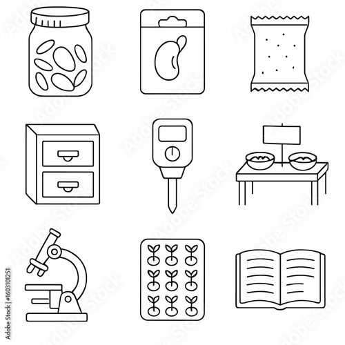 Seed Library Icons. Outline style icons of Seed Saving Library: heirloom seed jar, packet label, desiccant pouch, catalog drawer,