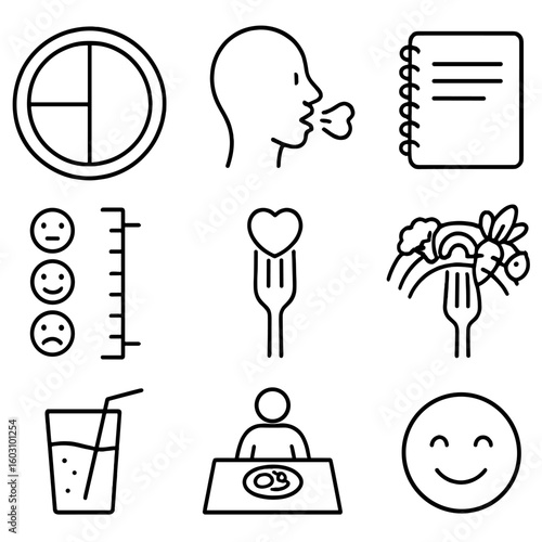 Mindful Eating Icons. Outline style icons of Mindful Eating Practice: portion plate, slow chew icon, food diary, hunger scale,