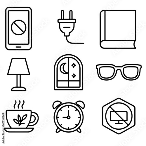 Digital Detox Icons. Outline style icons of Digital Detox Evening: smartphone off icon, unplug plug, hardcover book, blue-light