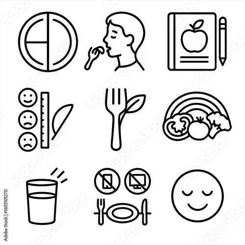 Mindful Eating Icons. Outline style icons of Mindful Eating Practice: portion plate, slow chew icon, food diary, hunger scale,