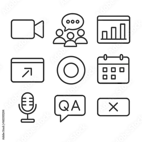 Live Webinar Icons. Outline style icons of Live Webinar Suite: live camera, audience chat, poll graph, screen share window, record